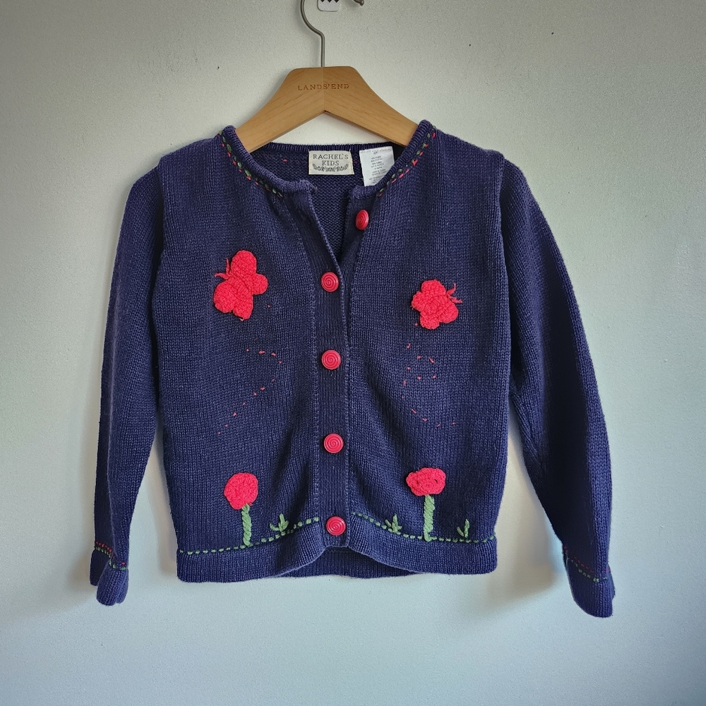 Vintage 80s Rachel’s Kids Emboroide butterfly Floral pattern cardigan.